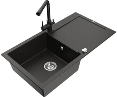 Granitinė virtuvinė plautuvė Mexen Leo su maišytuvu ir sifonu, Metallic juodas/auksinis+Juodas