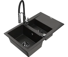 Granitinė virtuvinė plautuvė Mexen Gaspar su maišytuvu ir sifonu, Metallic juodas/auksinis+Juodas/Chrome