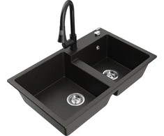 Granitinė virtuvinė plautuvė Mexen Tomas su maišytuvu ir sifonu, Metallic juodas/auksinis+Juodas