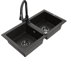 Granitinė virtuvinė plautuvė Mexen Mario su maišytuvu ir sifonu, Metallic juodas/auksinis+Juodas