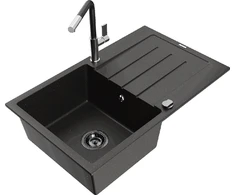 Granitinė virtuvinė plautuvė Mexen Bruno su maišytuvu ir sifonu, Metallic juodas/auksinis+Juodas/Chrome
