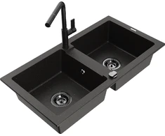 Granitinė virtuvinė plautuvė Mexen Mario su maišytuvu ir sifonu, Metallic juodas/auksinis+Juodas