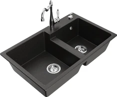 Granitinė virtuvinė plautuvė Mexen Tomas su maišytuvu ir sifonu, Metallic juodas/auksinis+Chrome
