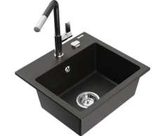 Granitinė virtuvinė plautuvė Mexen Milo su maišytuvu ir sifonu, Metallic juodas/auksinis+Juodas/Chrome