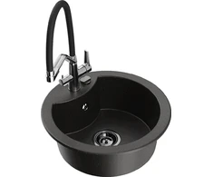 Granitinė virtuvinė plautuvė Mexen Diego su maišytuvu ir sifonu, Metallic juodas/auksinis+Juodas/Chrome