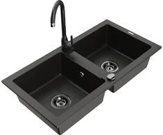 Granitinė virtuvinė plautuvė Mexen Mario su maišytuvu ir sifonu, Metallic juodas/auksinis+Juodas
