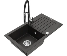 Granitinė virtuvinė plautuvė Mexen Pablo su maišytuvu ir sifonu, Metallic juodas/auksinis+Juodas/Chrome