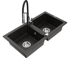 Granitinė virtuvinė plautuvė Mexen Mario su maišytuvu ir sifonu, Metallic juodas/auksinis+Juodas/Chrome