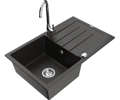 Granitinė virtuvinė plautuvė Mexen Bruno su maišytuvu ir sifonu, Metallic juodas/auksinis+Chrome