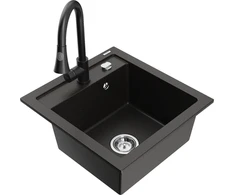 Granitinė virtuvinė plautuvė Mexen Vito su maišytuvu ir sifonu, Metallic juodas/auksinis+Juodas