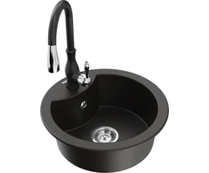 Granitinė virtuvinė plautuvė Mexen Diego su maišytuvu ir sifonu, Metallic juodas/auksinis+Juodas