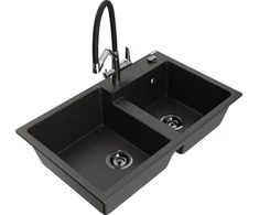 Granitinė virtuvinė plautuvė Mexen Tomas su maišytuvu ir sifonu, Metallic juodas/auksinis+Juodas/Chrome