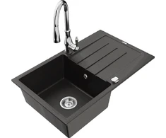 Granitinė virtuvinė plautuvė Mexen Bruno su maišytuvu ir sifonu, Metallic juodas/auksinis+Chrome