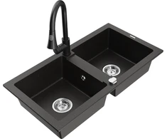Granitinė virtuvinė plautuvė Mexen Mario su maišytuvu ir sifonu, Metallic juodas/auksinis+Juodas