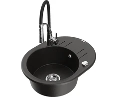 Granitinė virtuvinė plautuvė Mexen Kevin su maišytuvu ir sifonu, Metallic juodas/auksinis+Juodas/Chrome
