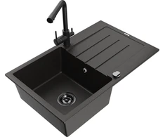 Granitinė virtuvinė plautuvė Mexen Bruno su maišytuvu ir sifonu, Metallic juodas/auksinis+Juodas
