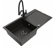 Granitinė virtuvinė plautuvė Mexen Leo su maišytuvu ir sifonu, Metallic juodas/auksinis+Juodas
