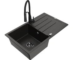 Granitinė virtuvinė plautuvė Mexen Bruno su maišytuvu ir sifonu, Metallic juodas/auksinis+Juodas