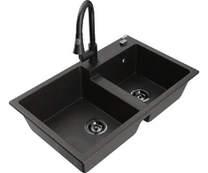 Granitinė virtuvinė plautuvė Mexen Tomas su maišytuvu ir sifonu, Metallic juodas/auksinis+Juodas