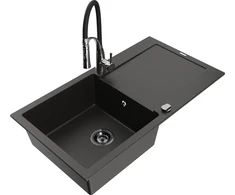 Granitinė virtuvinė plautuvė Mexen Leo su maišytuvu ir sifonu, Metallic juodas/auksinis+Juodas/Chrome