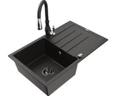 Granitinė virtuvinė plautuvė Mexen Bruno su maišytuvu ir sifonu, Metallic juodas/auksinis+Juodas