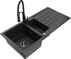 Granitinė virtuvinė plautuvė Mexen Andres su maišytuvu ir sifonu, Metallic juodas/auksinis+Juodas