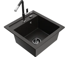 Granitinė virtuvinė plautuvė Mexen Vito su maišytuvu ir sifonu, Metallic juodas/auksinis+Juodas/Chrome