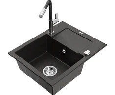 Granitinė virtuvinė plautuvė Mexen Enzo su maišytuvu ir sifonu, Metallic juodas/auksinis+Juodas/Chrome