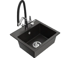 Granitinė virtuvinė plautuvė Mexen Milo su maišytuvu ir sifonu, Metallic juodas/auksinis+Juodas/Chrome