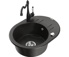 Granitinė virtuvinė plautuvė Mexen Kevin su maišytuvu ir sifonu, Metallic juodas/auksinis+Juodas