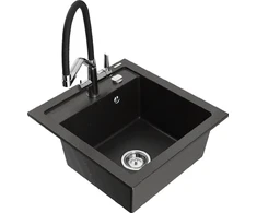 Granitinė virtuvinė plautuvė Mexen Vito su maišytuvu ir sifonu, Metallic juodas/auksinis+Juodas/Chrome