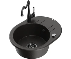 Granitinė virtuvinė plautuvė Mexen Kevin su maišytuvu ir sifonu, Metallic juodas/auksinis+Juodas