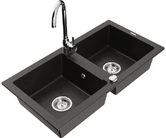 Granitinė virtuvinė plautuvė Mexen Mario su maišytuvu ir sifonu, Metallic juodas/auksinis+Chrome