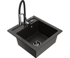 Granitinė virtuvinė plautuvė Mexen Vito su maišytuvu ir sifonu, Metallic juodas/auksinis+Juodas/Chrome