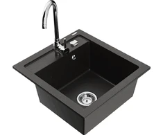 Granitinė virtuvinė plautuvė Mexen Vito su maišytuvu ir sifonu, Metallic juodas/auksinis+Chrome