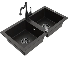 Granitinė virtuvinė plautuvė Mexen Mario su maišytuvu ir sifonu, Metallic juodas/auksinis+Juodas