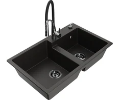 Granitinė virtuvinė plautuvė Mexen Tomas su maišytuvu ir sifonu, Metallic juodas/auksinis+Juodas/Chrome