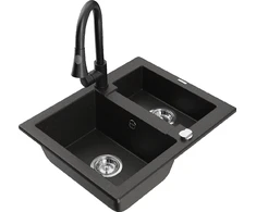 Granitinė virtuvinė plautuvė Mexen Carlos su maišytuvu ir sifonu, Metallic juodas/auksinis+Juodas