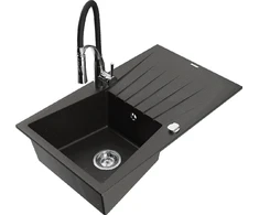 Granitinė virtuvinė plautuvė Mexen Cesar su maišytuvu ir sifonu, Metallic juodas/auksinis+Juodas/Chrome