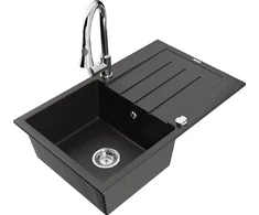 Granitinė virtuvinė plautuvė Mexen Bruno su maišytuvu ir sifonu, Metallic juodas/auksinis+Chrome