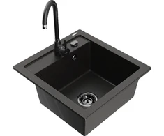 Granitinė virtuvinė plautuvė Mexen Vito su maišytuvu ir sifonu, Metallic juodas/auksinis+Juodas