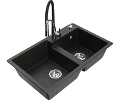 Granitinė virtuvinė plautuvė Mexen Tomas su maišytuvu ir sifonu, Metallic juodas/auksinis+Juodas/Chrome