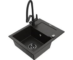 Granitinė virtuvinė plautuvė Mexen Enzo su maišytuvu ir sifonu, Metallic juodas/auksinis+Juodas