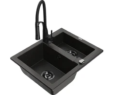 Granitinė virtuvinė plautuvė Mexen Carlos su maišytuvu ir sifonu, Metallic juodas/auksinis+Juodas