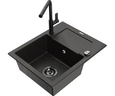 Granitinė virtuvinė plautuvė Mexen Enzo su maišytuvu ir sifonu, Metallic juodas/auksinis+Juodas