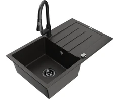Granitinė virtuvinė plautuvė Mexen Bruno su maišytuvu ir sifonu, Metallic juodas/auksinis+Juodas