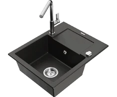 Granitinė virtuvinė plautuvė Mexen Enzo su maišytuvu ir sifonu, Metallic juodas/auksinis+Chrome