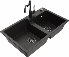 Granitinė virtuvinė plautuvė Mexen Tomas su maišytuvu ir sifonu, Metallic juodas/auksinis+Juodas