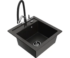 Granitinė virtuvinė plautuvė Mexen Vito su maišytuvu ir sifonu, Metallic juodas/auksinis+Juodas/Chrome