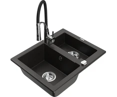 Granitinė virtuvinė plautuvė Mexen Carlos su maišytuvu ir sifonu, Metallic juodas/auksinis+Juodas/Chrome
